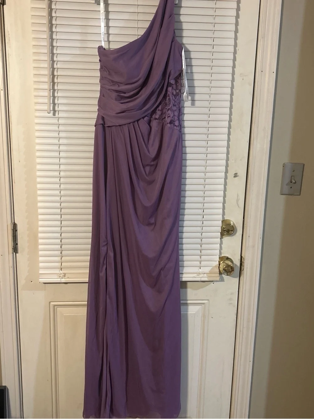 David's Bridal One-Shoulder Mauve Evening Gown Length is 60” strap to bottom - Picture 7 of 7